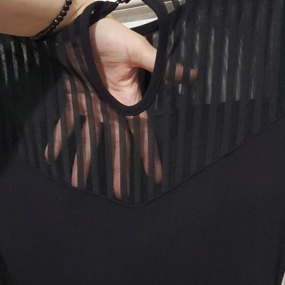 New Bebe Black Maxi Dress with Swarovski Crystals, Sheer Stripes & Side Slit - Picture 8 of 16